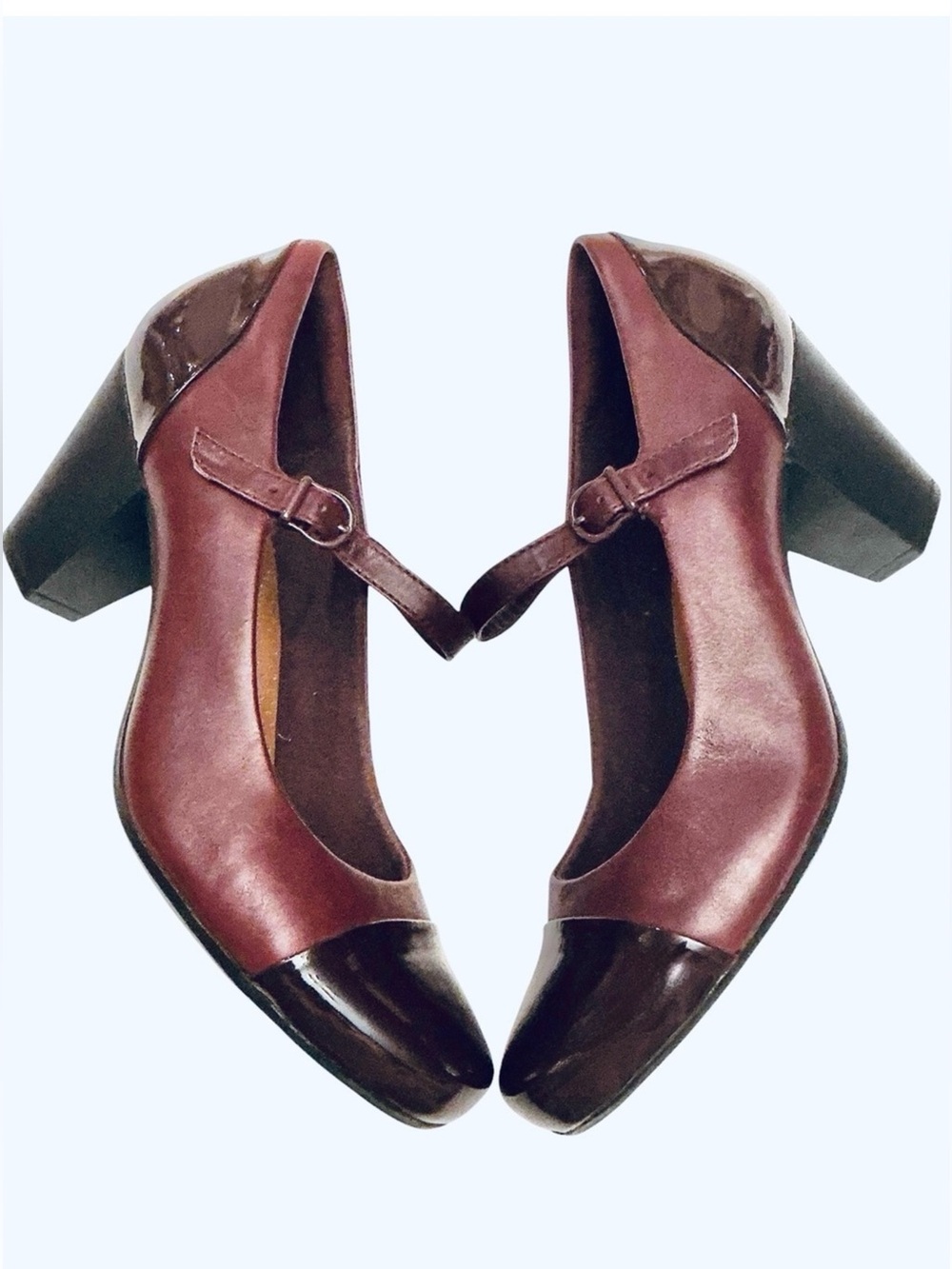 Clarks Burgundy Leather Mary Jane Pump Patent Accents Women’s Size 10 W - Picture 9 of 15